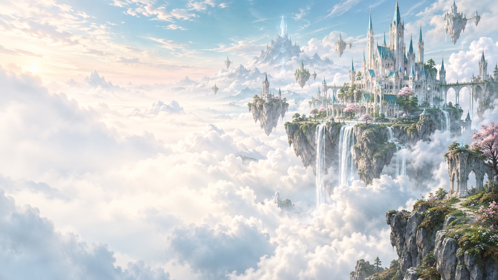 A castle on a floating island, surrounded by waterfalls and a sea of clouds